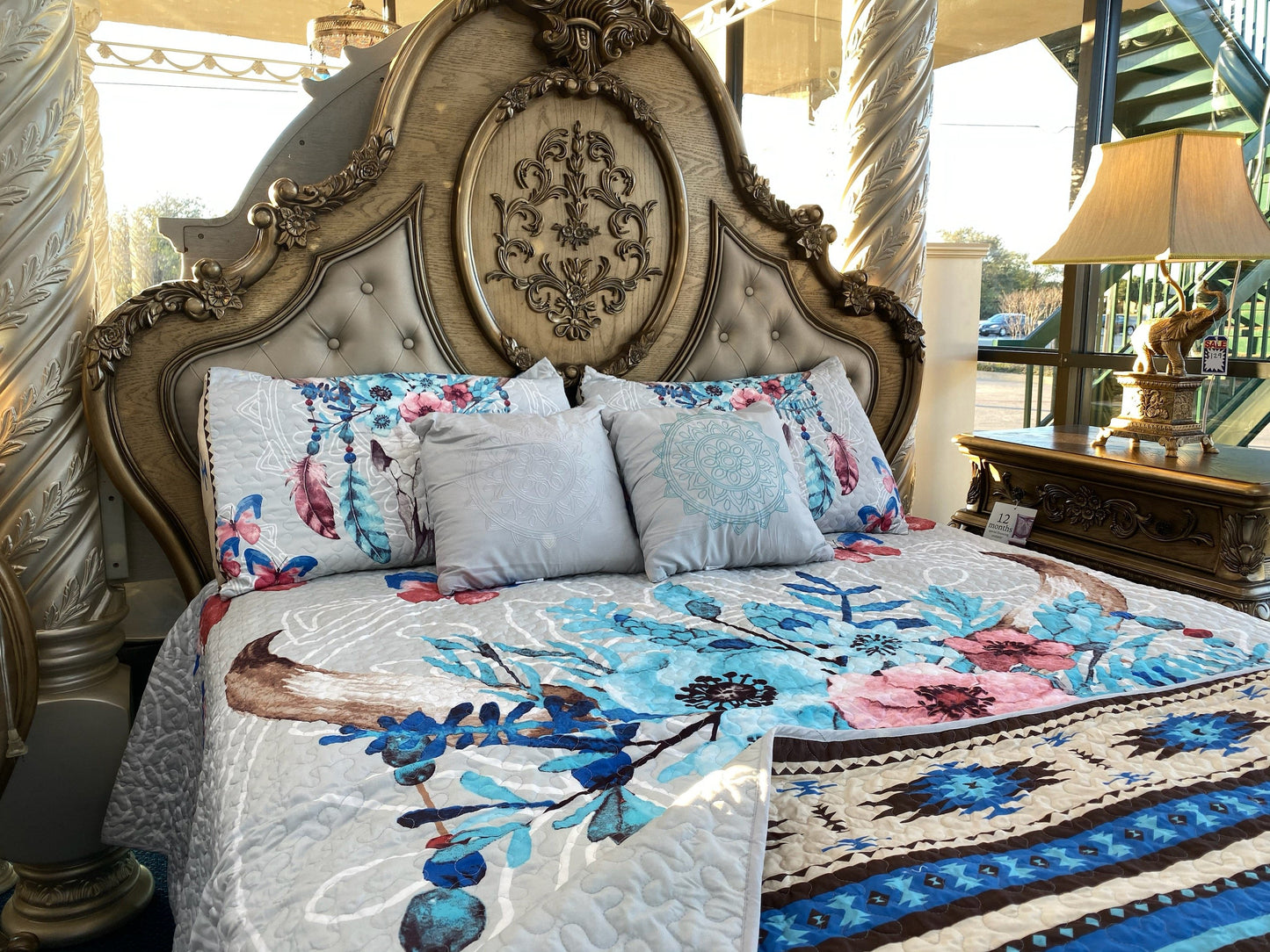 Southwest Feathers & Flowers Bull Skull Aztec Quilt Coverlet - 5 Piece