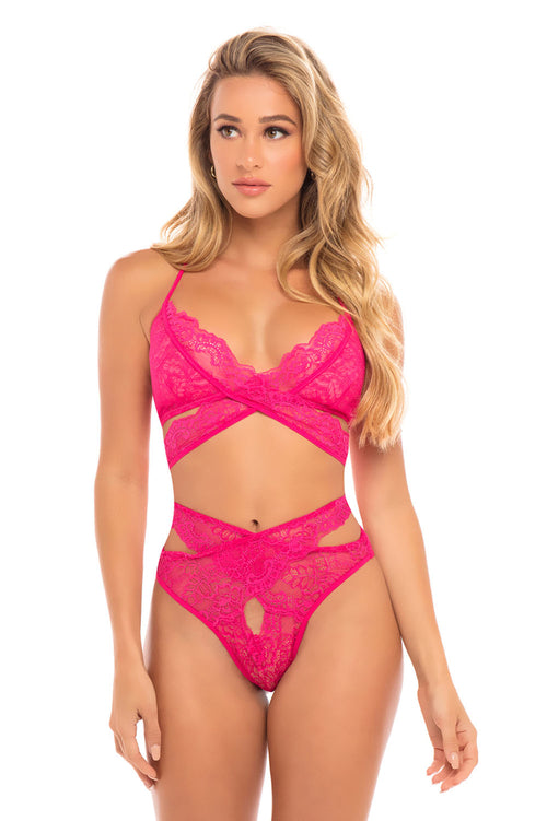 Cut Out Galloon Lace Bra Set - Bright Rose - S/m