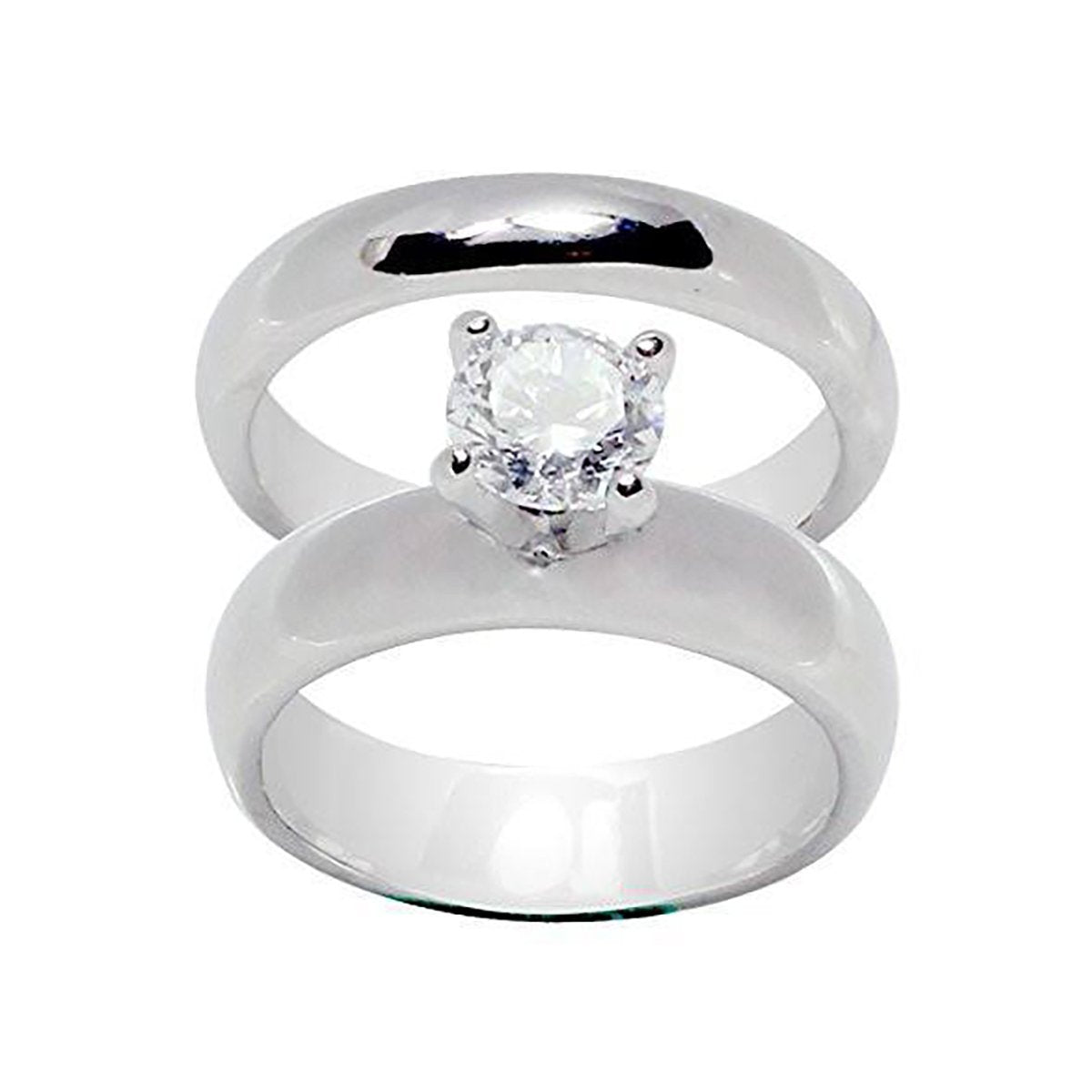 High Prong Two-Ring Set Round Solitaire Wedding Stainless Steel Rings