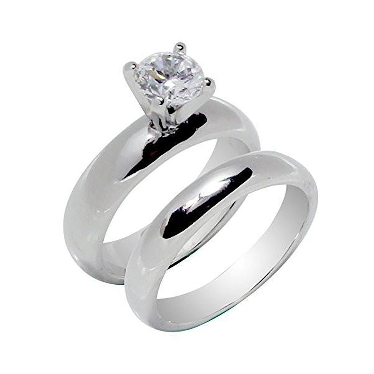High Prong Two-Ring Set Round Solitaire Wedding Stainless Steel Rings