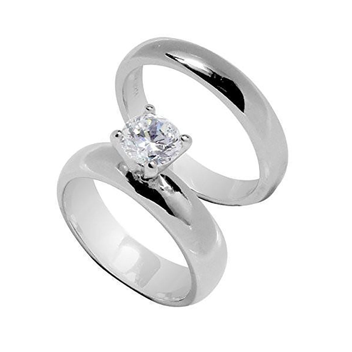 High Prong Two-Ring Set Round Solitaire Wedding Stainless Steel Rings