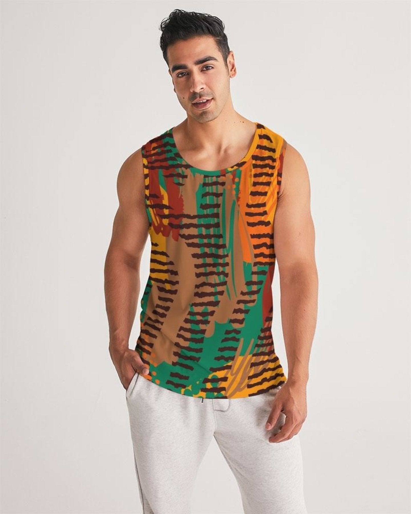 Mens Tank Top, Orange And Brown Tie Dye Pattern Sports Top