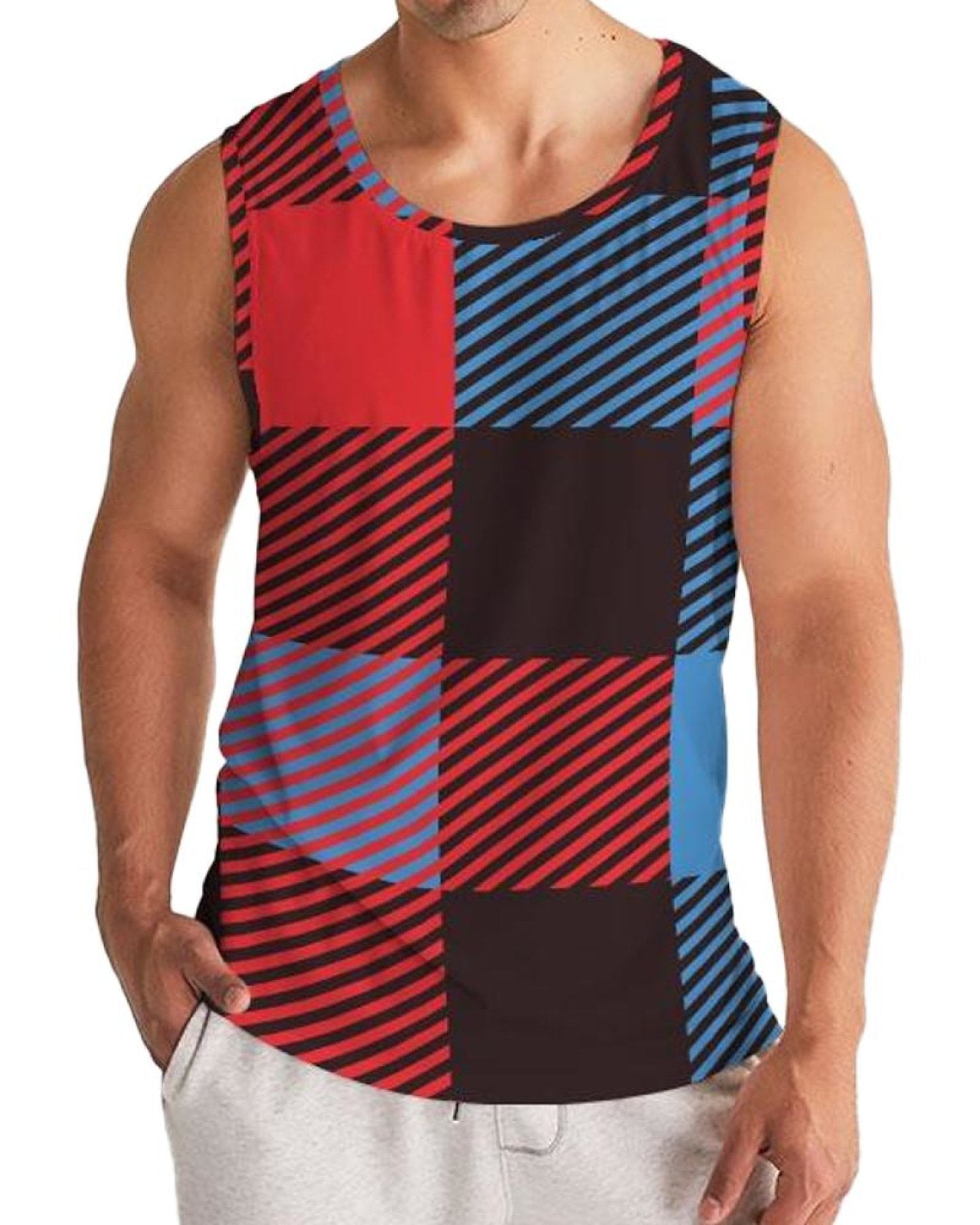 Mens Tank Top, Multicolor Flannel Pattern Sports Top