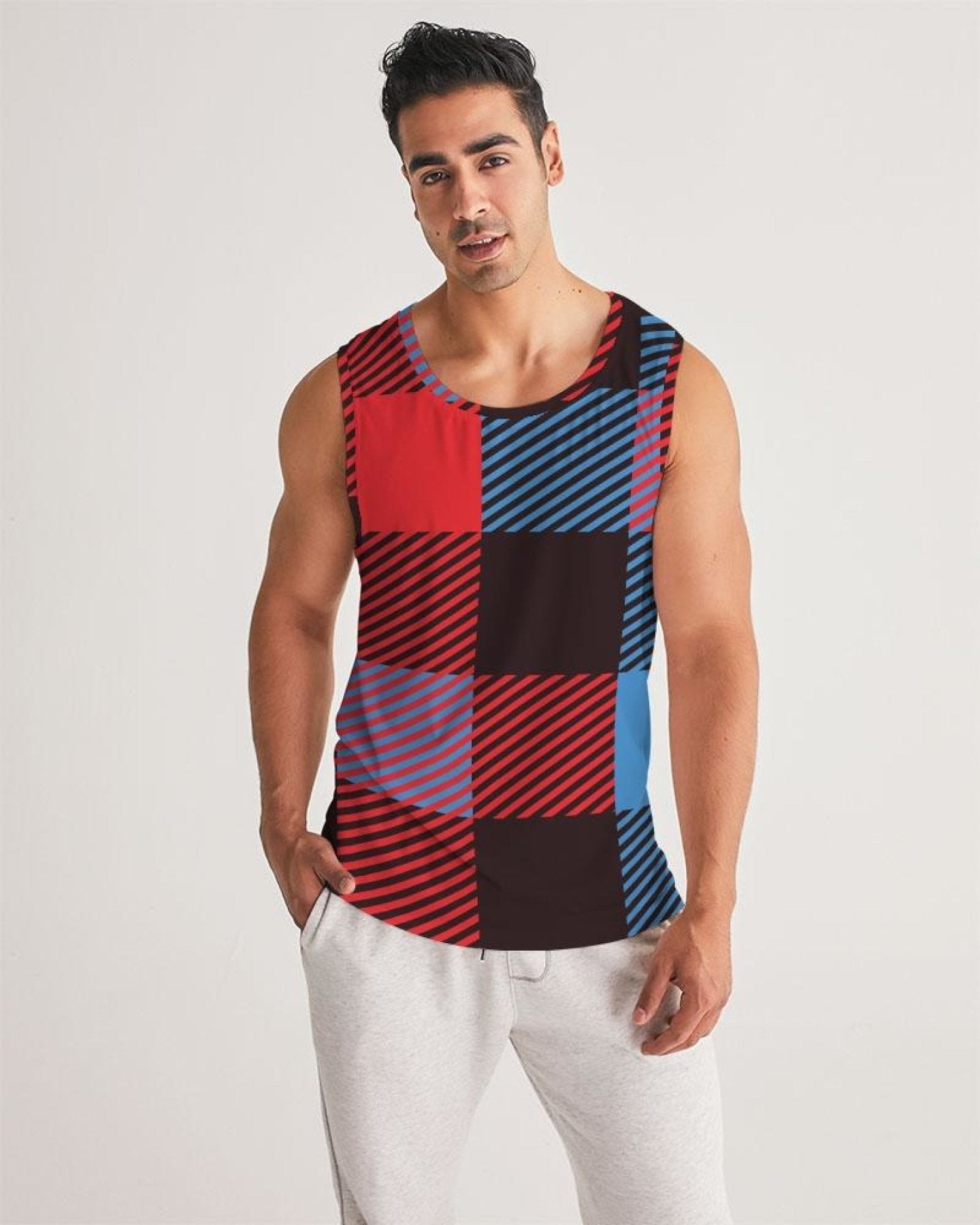 Mens Tank Top, Multicolor Flannel Pattern Sports Top