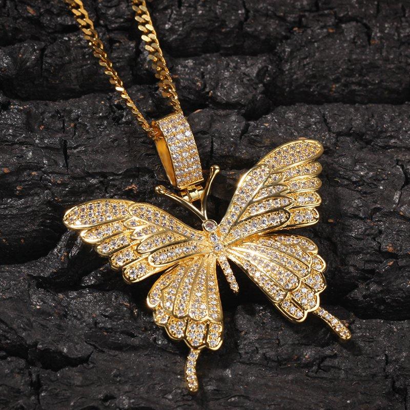 Iced Out Pendant Necklace Gold Silver Butterfly Necklaces Mens Womens