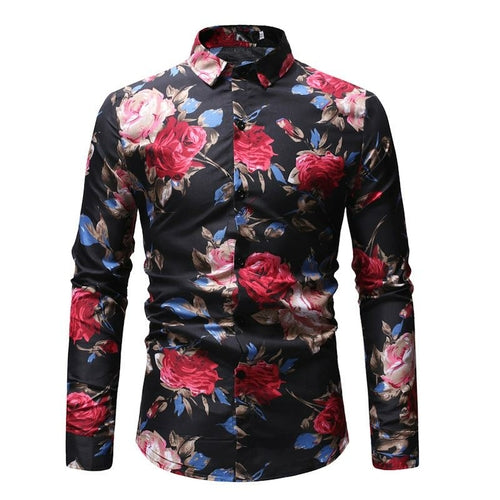 Flower Print Mens Long Sleeve Shirt Casual Tops Cotton Slim Fit Shirts
