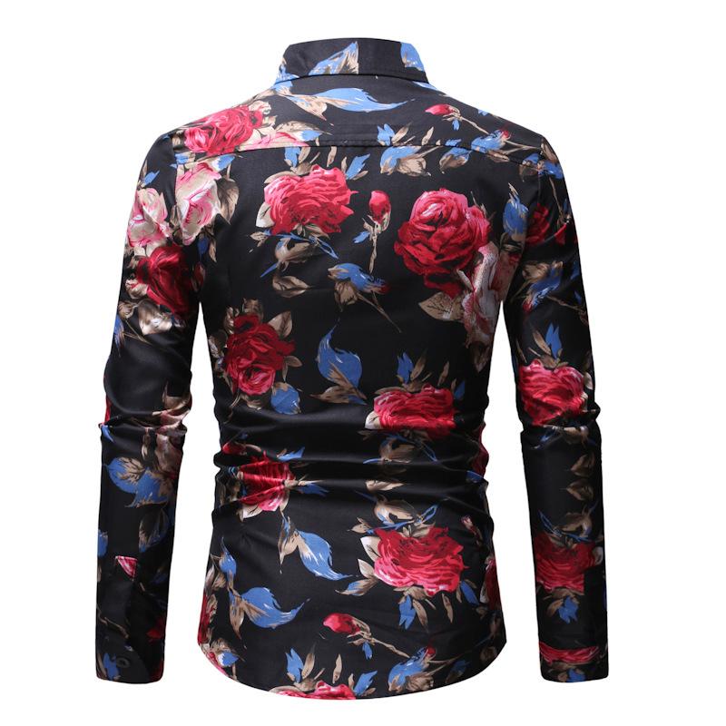 Flower Print Mens Long Sleeve Shirt Casual Tops Cotton Slim Fit Shirts