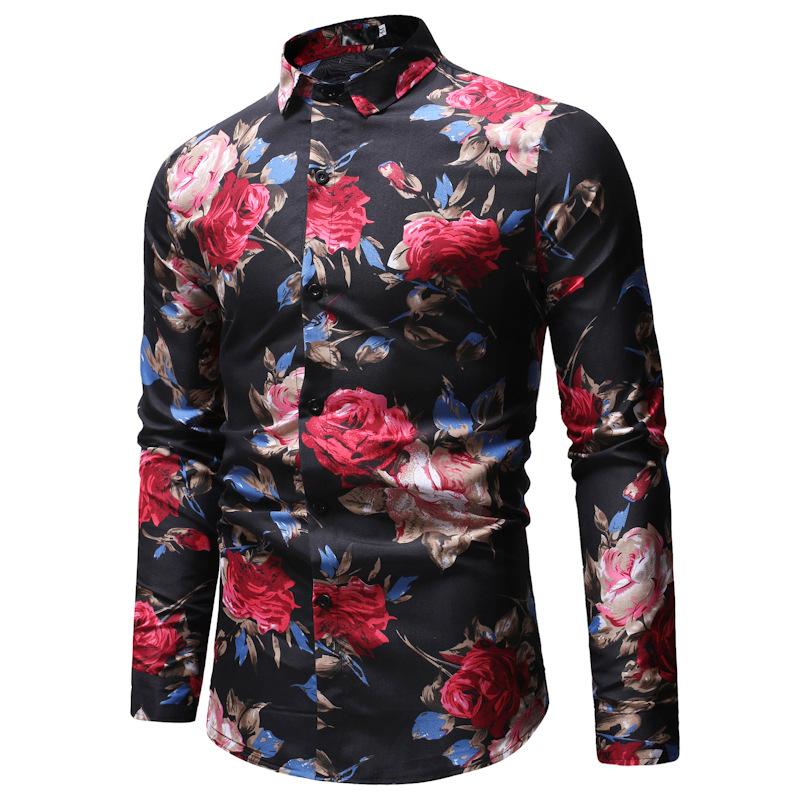Flower Print Mens Long Sleeve Shirt Casual Tops Cotton Slim Fit Shirts