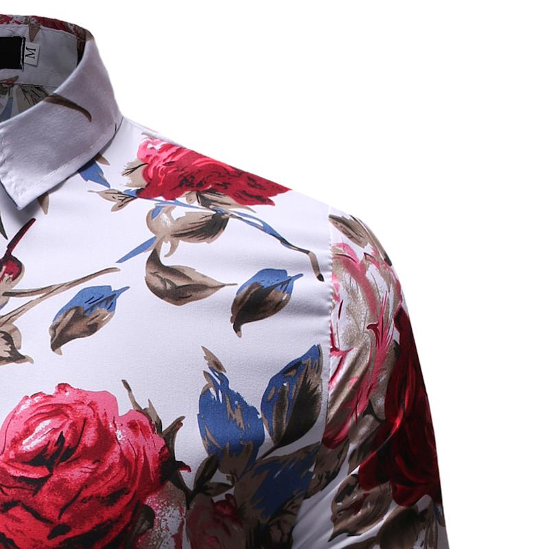 Flower Print Mens Long Sleeve Shirt Casual Tops Cotton Slim Fit Shirts