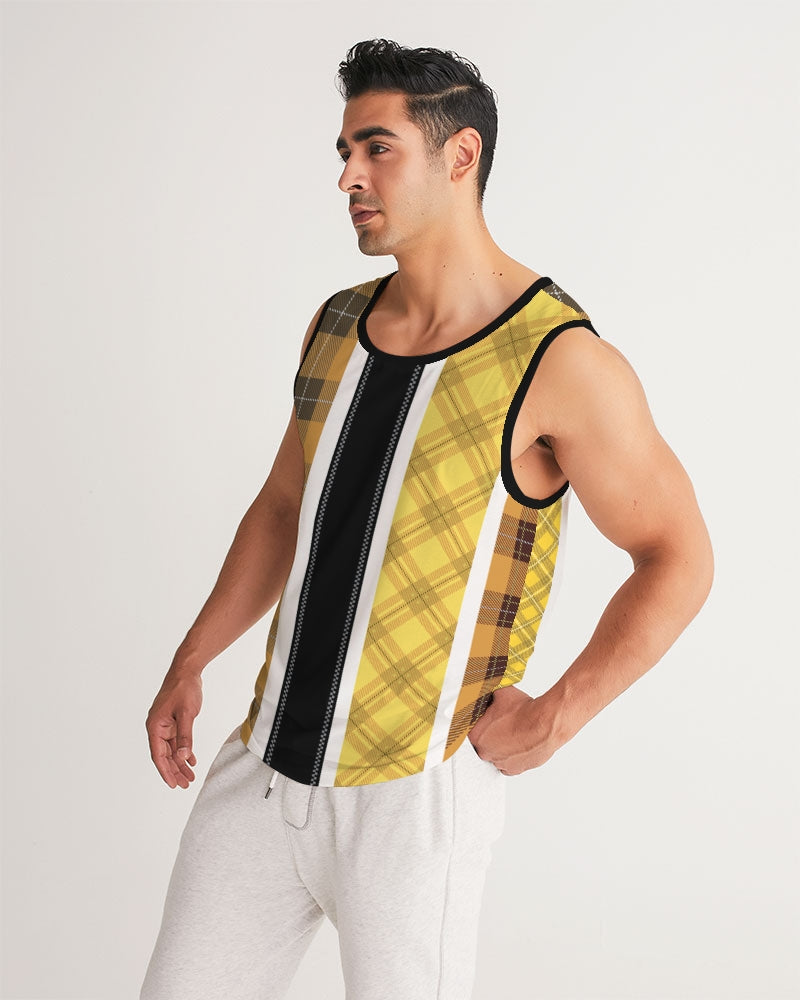 Mens Tank Top / Yellow And Black Tartan Style Sports Top