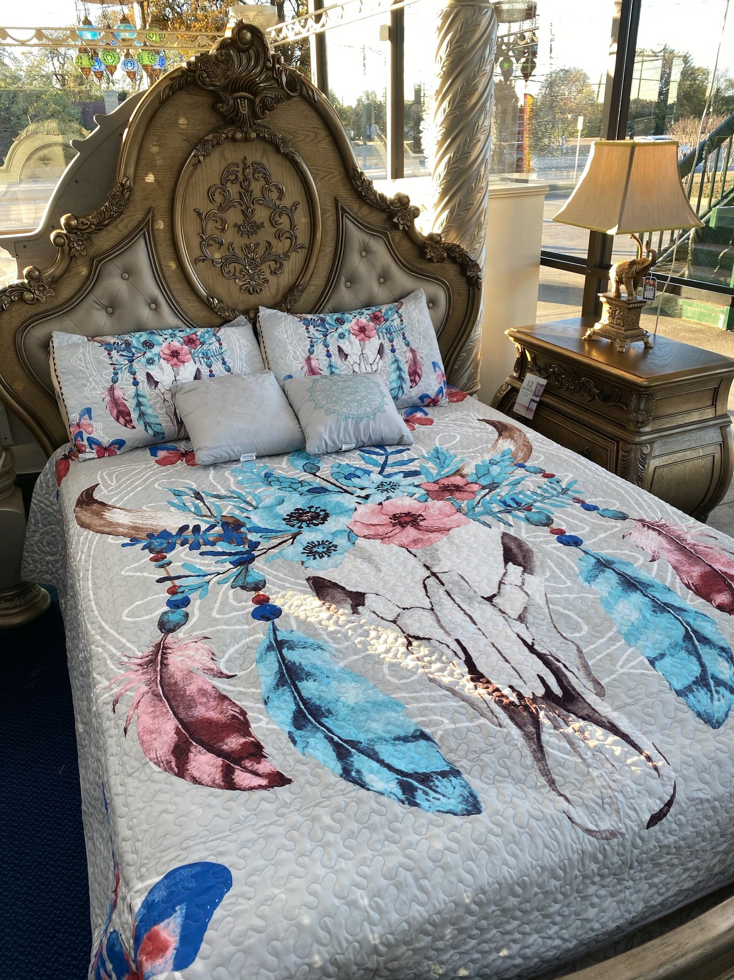 Southwest Feathers & Flowers Bull Skull Aztec Quilt Coverlet - 5 Piece