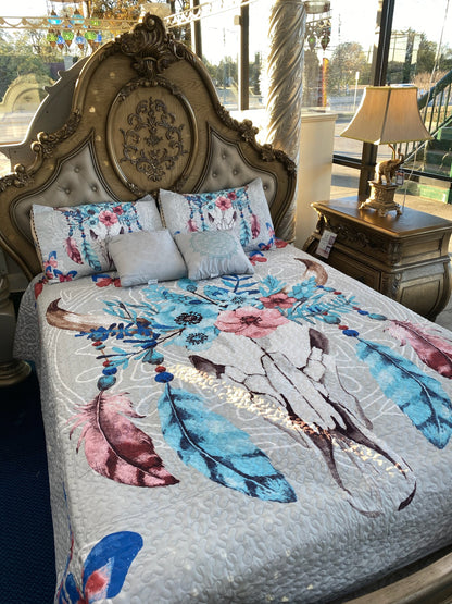 Southwest Feathers & Flowers Bull Skull Aztec Quilt Coverlet - 5 Piece