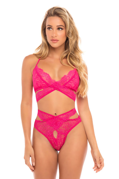 Cut Out Galloon Lace Bra Set - Bright Rose - S/m
