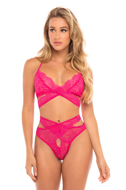Cut Out Galloon Lace Bra Set - Bright Rose - S/m