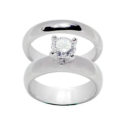 High Prong Two-Ring Set Round Solitaire Wedding Stainless Steel Rings
