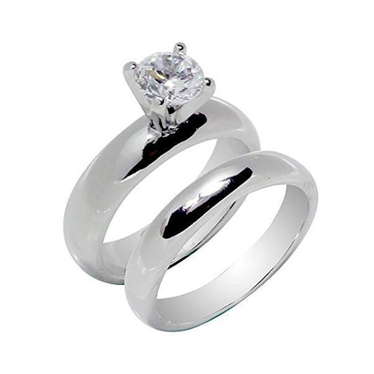 High Prong Two-Ring Set Round Solitaire Wedding Stainless Steel Rings