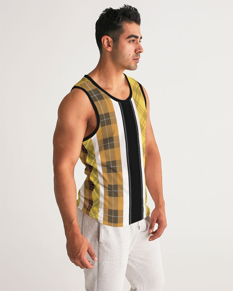 Mens Tank Top / Yellow And Black Tartan Style Sports Top
