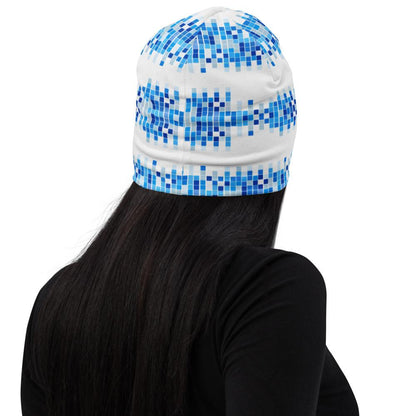 Beanie Hat - Blue & White Square Style Slouchy Beanie Men/women