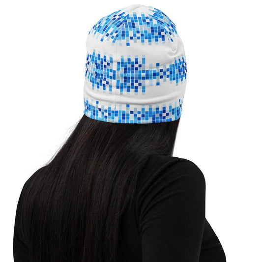 Beanie Hat - Blue & White Square Style Slouchy Beanie Men/women