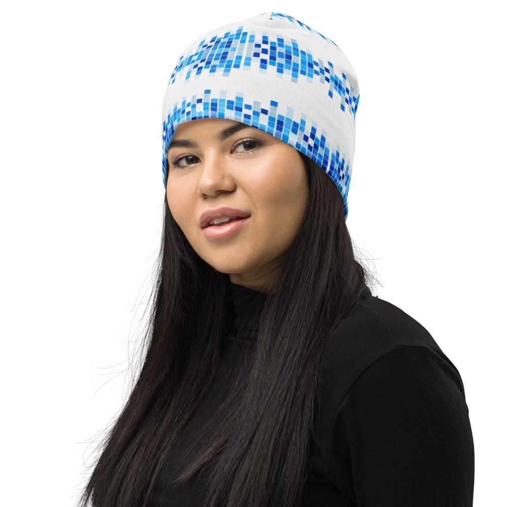 Beanie Hat - Blue & White Square Style Slouchy Beanie Men/women