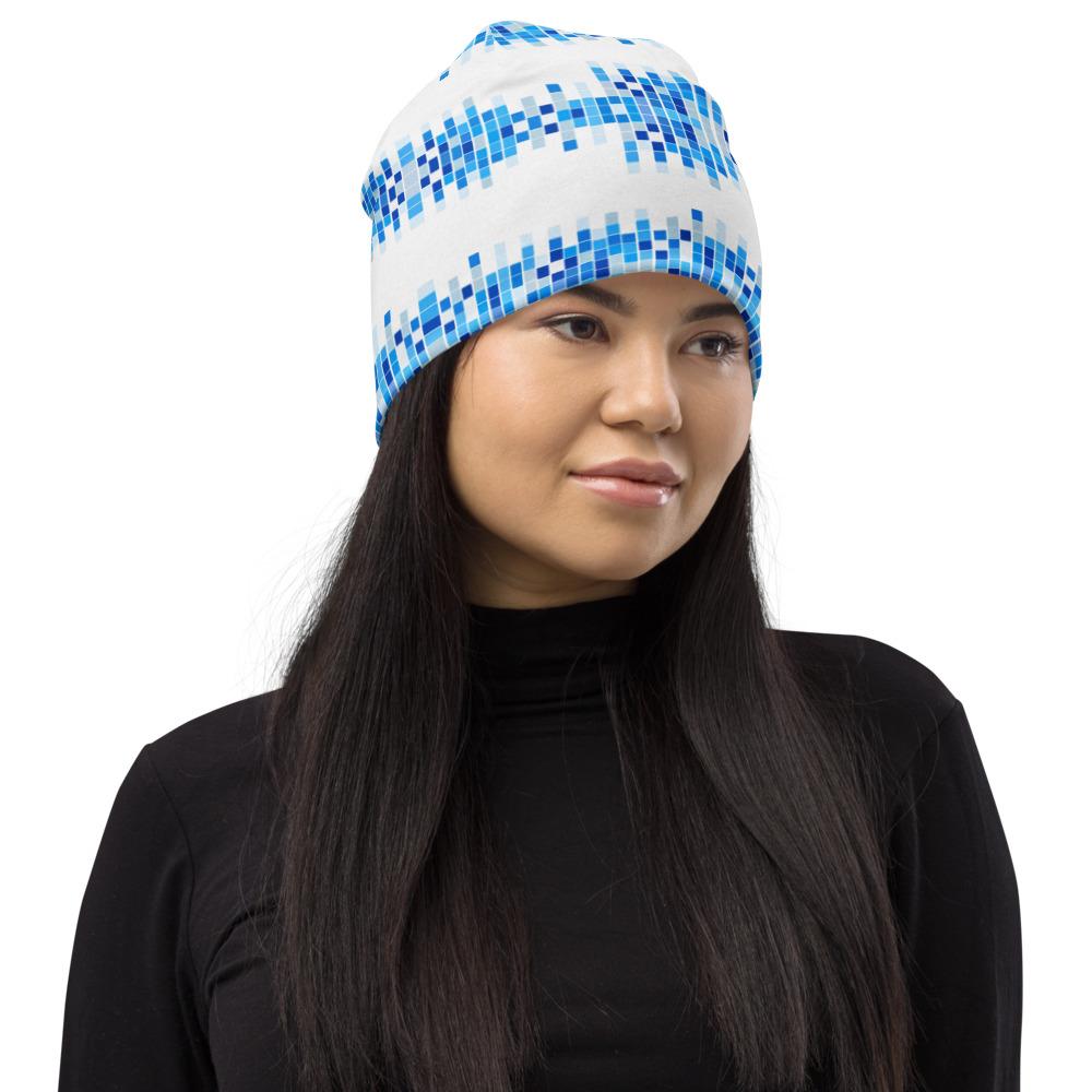 Beanie Hat - Blue & White Square Style Slouchy Beanie Men/women