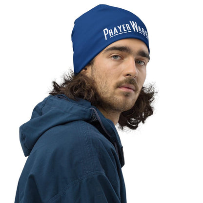 Beanie Hat - Blue Slouchy Beanie Prayer Warrior Print Men/women