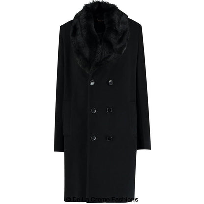 Mens Wool Mix Overcoat With Faux Fur Collar