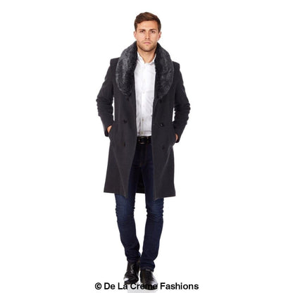 Mens Wool Mix Overcoat With Faux Fur Collar