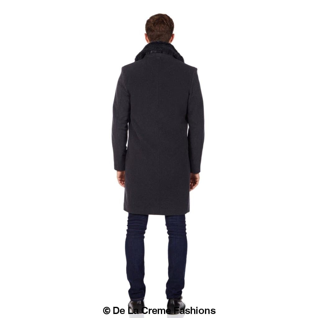 Mens Wool Mix Overcoat With Faux Fur Collar