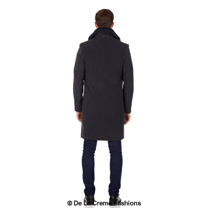 Mens Wool Mix Overcoat With Faux Fur Collar