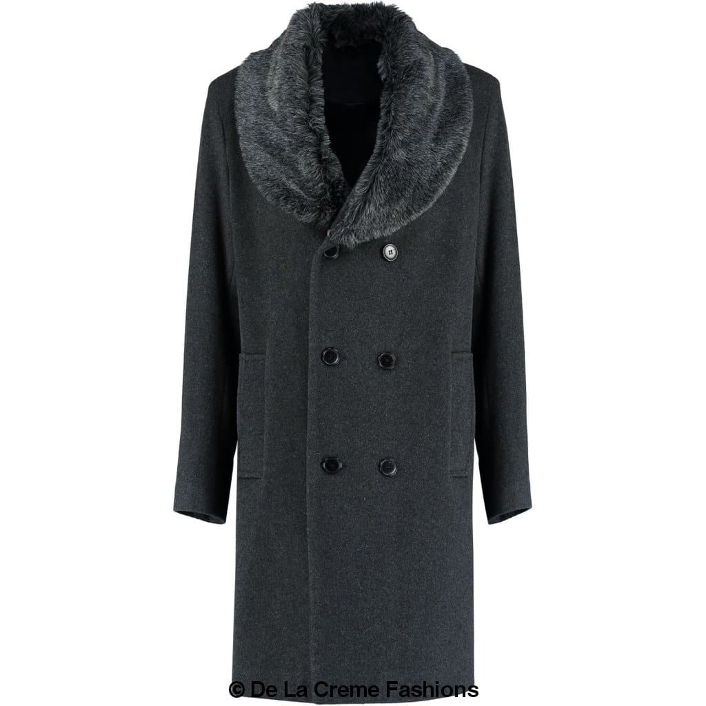 Mens Wool Mix Overcoat With Faux Fur Collar