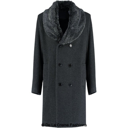 Mens Wool Mix Overcoat With Faux Fur Collar