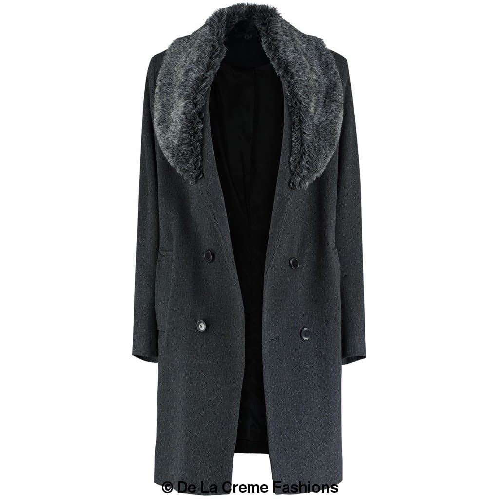 Mens Wool Mix Overcoat With Faux Fur Collar