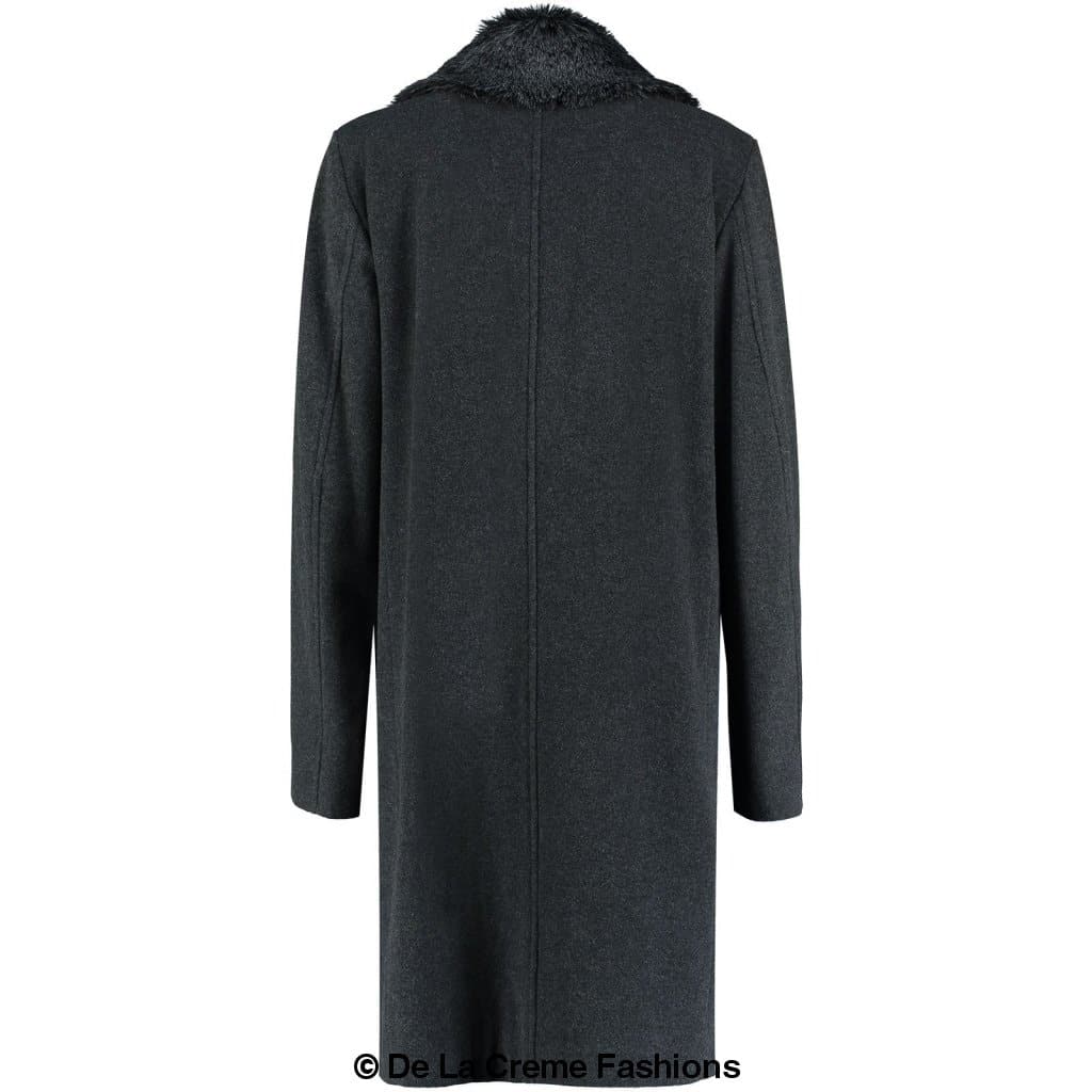 Mens Wool Mix Overcoat With Faux Fur Collar