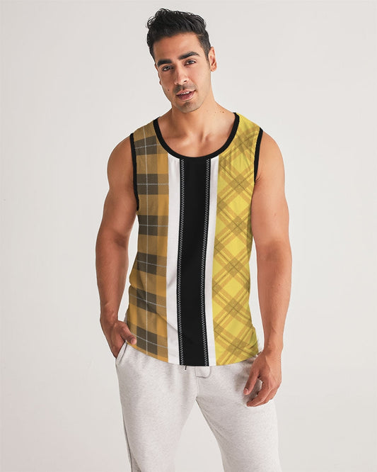 Mens Tank Top / Yellow And Black Tartan Style Sports Top