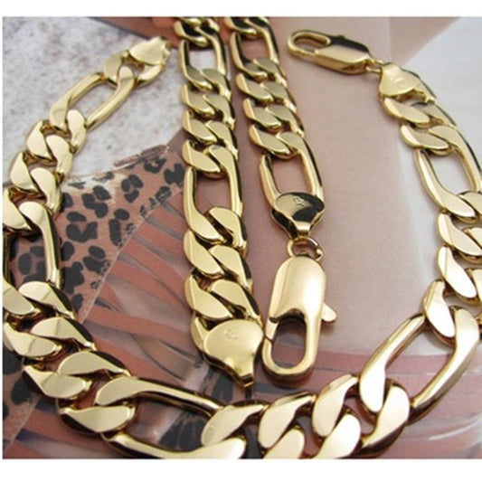Statement Jewelry Set 18k Yellow Gold Filled Mens Necklace+Bracelet