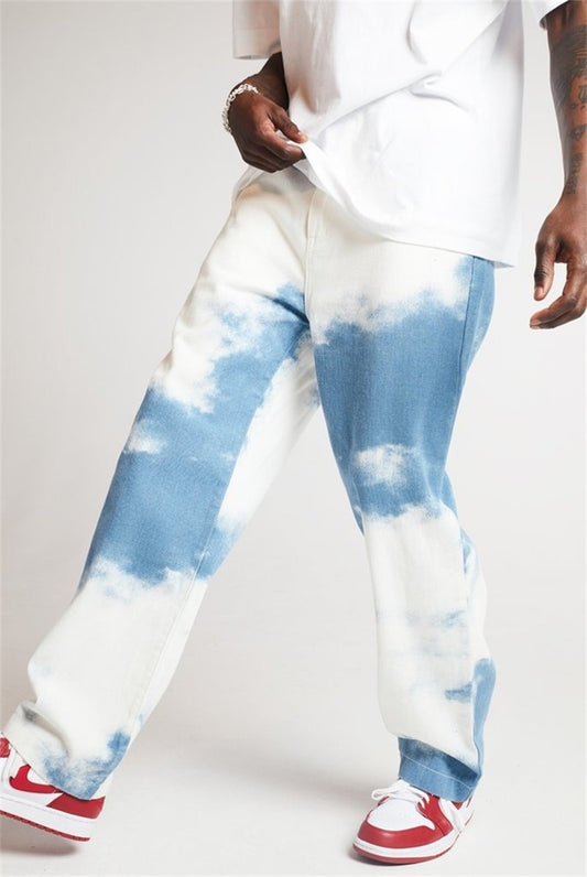 2021 Mens Tie-dyed Denim Straight-fit Jean Pant Washed Comfort Stretch