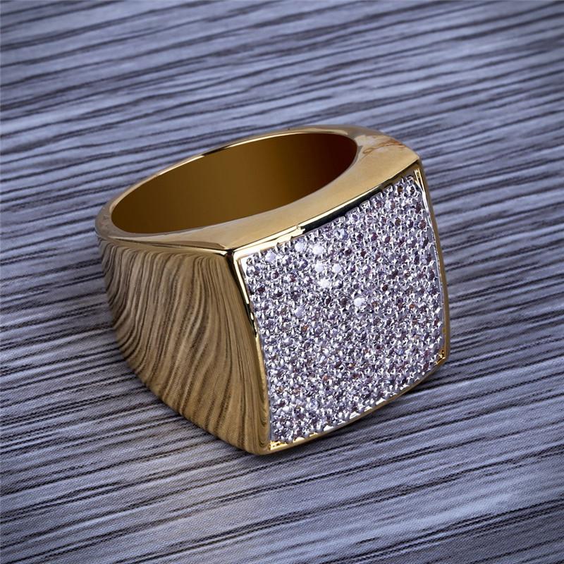 Hiphop CZ Rings For Mens Full Diamond Square Hip Hop Ring Gold Plated