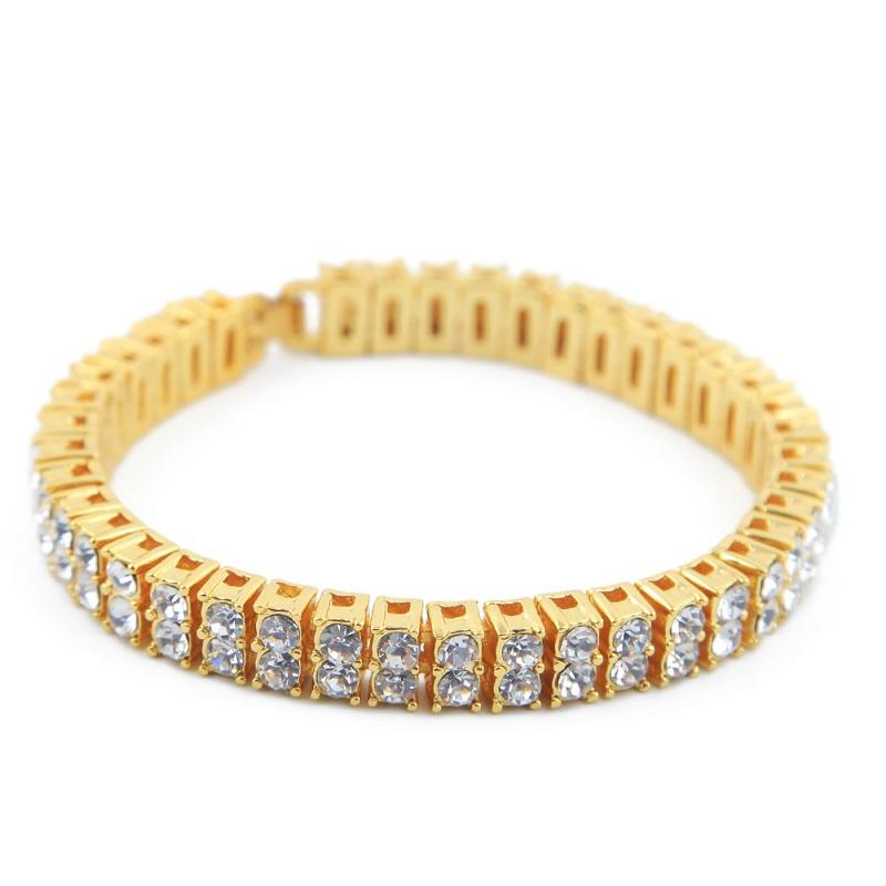 Iced Out Chain Bracelet For Mens Gold Plating Double Row Rhinestone