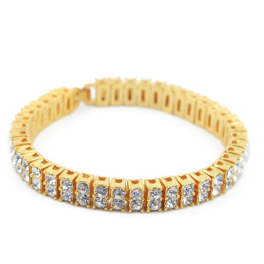 Iced Out Chain Bracelet For Mens Gold Plating Double Row Rhinestone