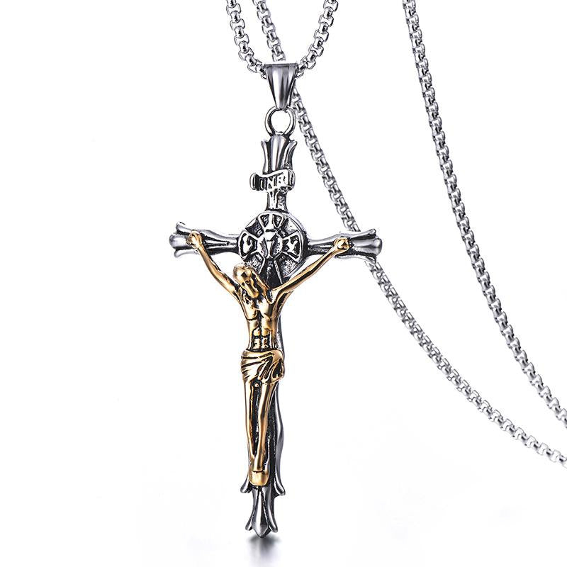 Mens Retro Jesus Cross Pendant Necklace Stainless Steel Gold Plated