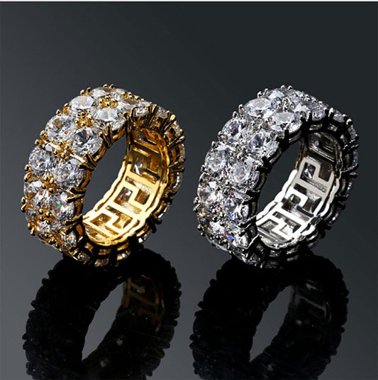 Mens 2 Row Iced Out 360 Eternity Gold Bling Rings Micro Pave Cubic