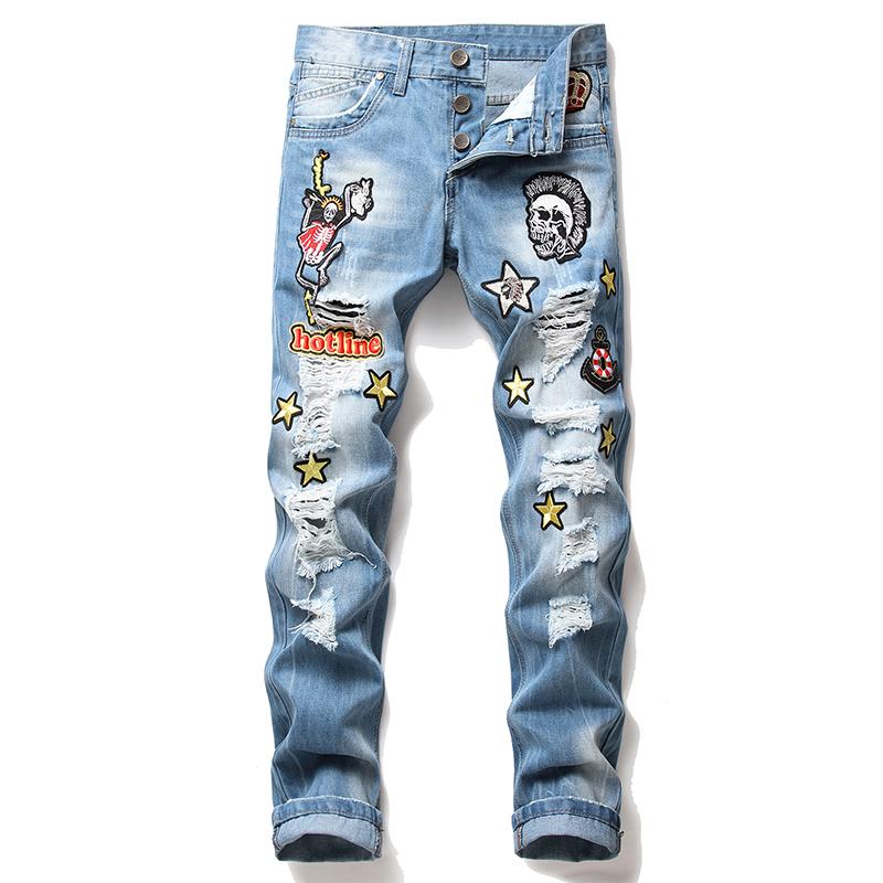 2020 New Mens Ripped Jeans Holes Frayed Embroidered Skull Star Crown