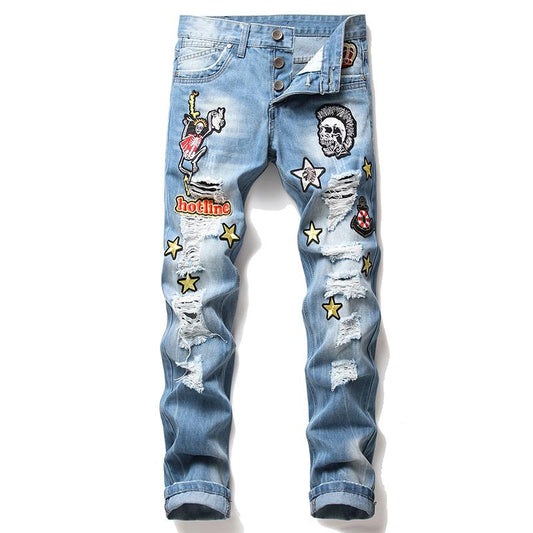 2020 New Mens Ripped Jeans Holes Frayed Embroidered Skull Star Crown