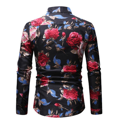 Flower Print Mens Long Sleeve Shirt Casual Tops Cotton Slim Fit Shirts