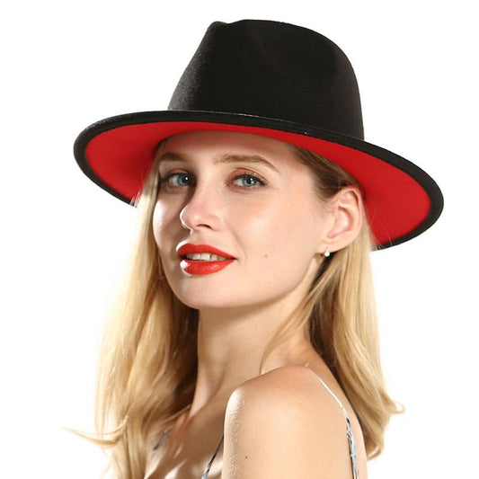 European US Mens Women Black Red Patchwork Jazz Fedoras with Ribbon