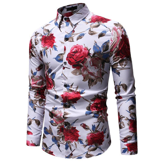 Flower Print Mens Long Sleeve Shirt Casual Tops Cotton Slim Fit Shirts