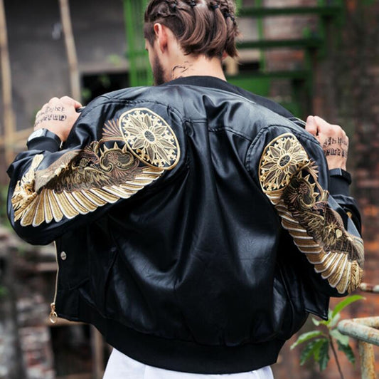 Mens Bomber Faux Leather Jacket Red Black PU Outwear Gold Wings