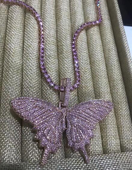 14K Iced Out Butterfly Pendant Necklace Mens Pink Chain Pendants