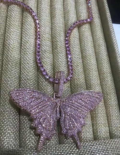 14K Iced Out Butterfly Pendant Necklace Mens Pink Chain Pendants